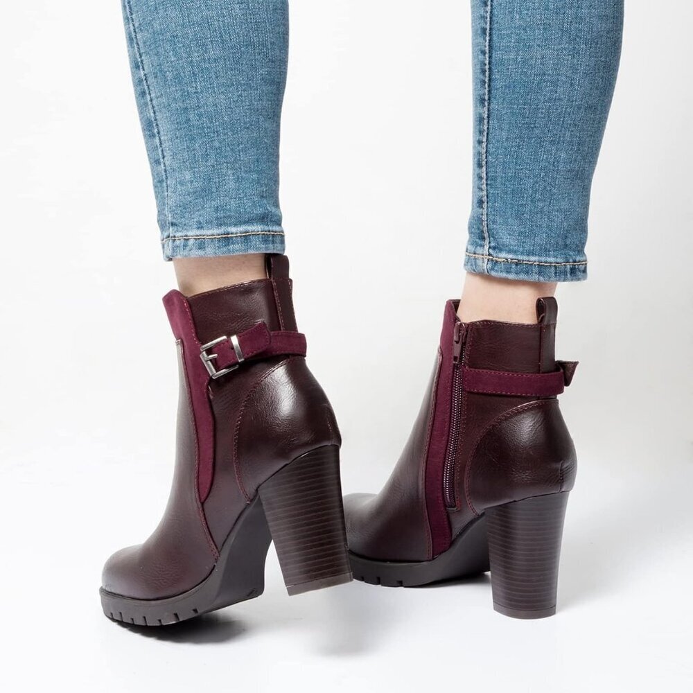 Women's Burgundy Mysoft Ankle Boots Stacked Heel Zipper Booties in Wide Sizes - Picture 4 of 6